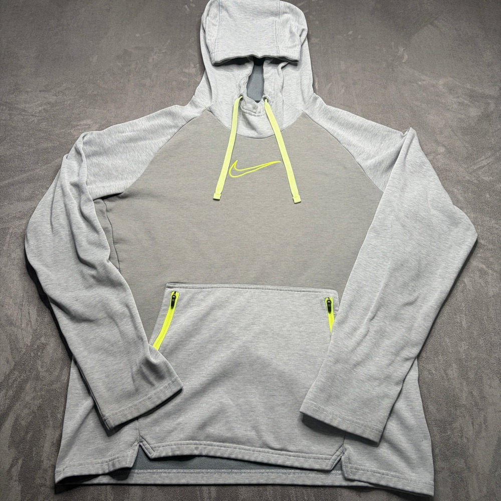 Nike Hoodie Men L Gray Neon Yellow Colorblock Raglan Zip Pocket Pullover